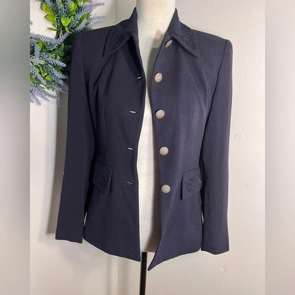 Iris, 2, navy blue,embroidered faux flap pockets, decorative button front blazer - Picture 4 of 9